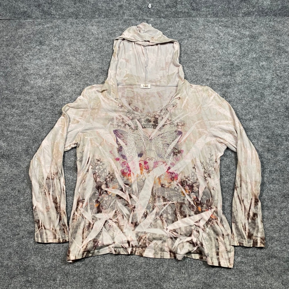 180 Butterfly Rhinestone Graphic Hoodie Long Sleeve Beige Y2K Top Eccentric